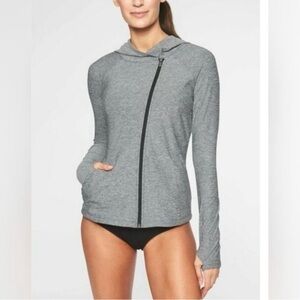 Athleta Women Pacifica Pleated Jacket Size S Gray UPF Full Zip Thumb Hole Hooded